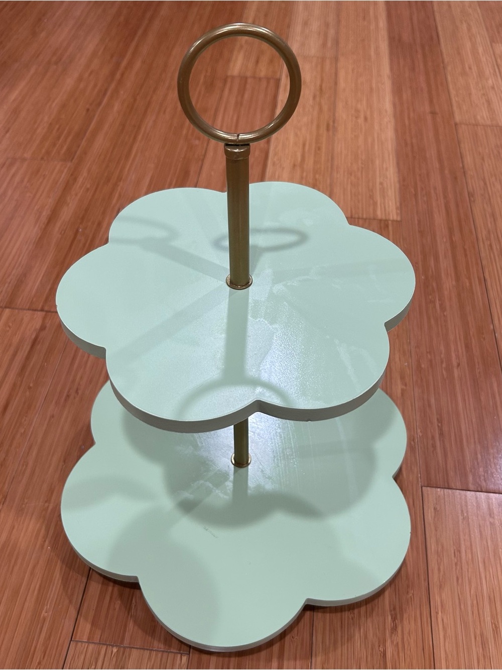 2 Tier Sage Green Scalloped Flower Wooden Tray Stand Gold Handle Ball Feet